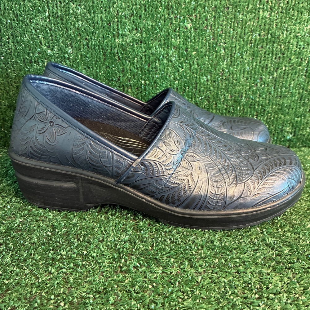 Easy Works Floral Embossed Slip Resistant Clog Comfort Work Shoes Blue Womens 10